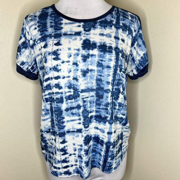 Lucky Brand Top Large Womens Tie Dye Blue Lounge Soft Knit Crew Neck Casual Tee - Picture 2 of 5
